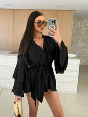 Elegant Fold Dress Women Brown Deep V-neck Long Sleeve Mini Dresses Female 2025 Spring Summer Fashion Loose Lady Vestidos