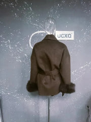 UCXQ Elegant OL Office Lady Overcoats Fur Patchwork Long Sleeve Woolen Coat Beautiful Women's Clothing Jacket Autumn 2025 Spring