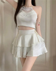 Y2K Sweet Solid Women Mini Skirt Summer High Waist Lace Patchwork Ladies Ball Gown Fashion All Match Ruffles Female Skirt