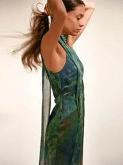 Sexy See Through Deep V Neck Maxi Dress Backless Sleeveless Lace Up Halter Robes Printed Party Vestidos 2025 New Lady Dresses