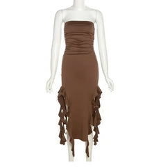 Cryptographic Irregular Ruffle Off Shoulder Sexy Backless Midi Dress for Women Elegant Birthday Vestido Summer Sundresses Ruched