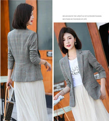 Gray Striped Plaid Blazer Jacket Women's Fashion Slim Coats V-Neck Single Button Ladies Blazers S-XXXXXL