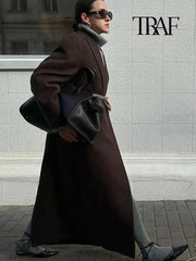 TRAF Women Fashion Solid Color Wool Lengthened Coat Elegant Warm Street Coat Autumn and Winter Retro Pocket Double-Breasted Coat