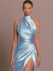 Ladies Summer Satin Evening Birthday Party Dresses Women Sleeveless Backless Halter Side Slit Elegant Long Dress Mowan Clothes