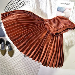 Classic Golden Velvet Pleated Skirt High Waist Retro Style Fashion Office Lady Pleated Long Skirt Winter Velvet Skirt 90cm Long