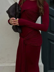 Tossy Female Pleated Sexy Maxi Dress Patchwork Twist Slim Long Sleeve Solid Y2k Autumn Streetwear Dress Women's Bodycon Dress