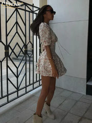 Clacive Summer Slim Print Women's Dress 2024 Sexy V-Neck Short Sleeve Mini Dresses Elegant High Waist Pleated Female Dress