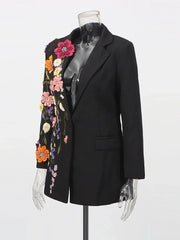 TWOTWINSTYLE Hit Color Spliced Appliques Fashion Blazers for Women Lapel Long Sleeves Patchwork Bead Temperament Blazer Female