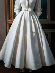 Elegant Women's Solid Color Stand Collar Shirt Dress Casual Mid-Length Waisted Evening Party Dress for Women 2024