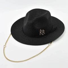 Fashionable Metal RB Letter Straw Hats for Women Men Summer Panaman Jazz Hat Outdoor Holidays Beach Sun Hat