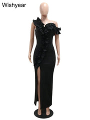 Sexy Night Sleeveless Off Shoulder Wooden Ear Edge Ruffles Bodycon Split Red Midi Dress Women Evening Birthday Party Vestidos