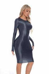 Sexy Women Oil Glossy Shiny Tight Pencil Dress Stain Smooth Bodycon Dress Elastic Push Up Packet Hip Stretch Step Dress
