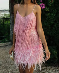 2024 Summer New Fashionable Framed Sequins Feather Patchwork Dress Colorful Amazon Direct Sales Women's Sleeveless Dress
