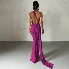 Hugcitar One Shoulder Backless Adjustable Scarf Loop Ruched Sexy Maxi Dress Women Elegant Y2K Streetwear Festival Outfit