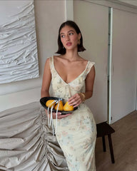 Cryptographic Summer Floral Print Plunge Maxi Dress Outfits Sexy Backless Fairy Sun Dresses Vacation Beachwear Vestido Coquette