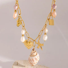 Zora Colorful Summer Holiday Style Conch Pendant Necklace Women's 18K Gold-plated Stainless Steel Multi Charm Fashion Jewelry