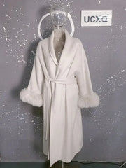 UCXQ Elegant OL Office Lady Overcoats Fur Patchwork Long Sleeve Woolen Coat Beautiful Women's Clothing Jacket Autumn 2025 Spring