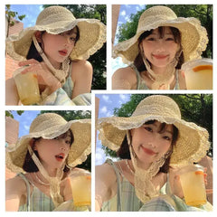 Summer Women's Lace Straw Beach Hat Foldable Sun Hat with Wide Brim Fresh Stylish Sunblock Shade Hat Perfect for Travel Holiday
