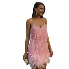 2024 Summer New Fashionable Framed Sequins Feather Patchwork Dress Colorful Amazon Direct Sales Women's Sleeveless Dress