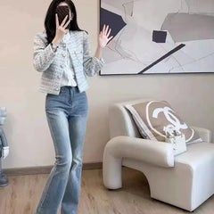 ITOOLIN Autumn Winter Women Elegant Tweed Cardigan Short Coat With Pocket Single Breasted Jacket For Women Loose Outwear 2024