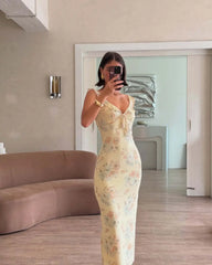 Cryptographic Summer Floral Print Plunge Maxi Dress Outfits Sexy Backless Fairy Sun Dresses Vacation Beachwear Vestido Coquette