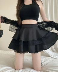 Y2K Sweet Solid Women Mini Skirt Summer High Waist Lace Patchwork Ladies Ball Gown Fashion All Match Ruffles Female Skirt