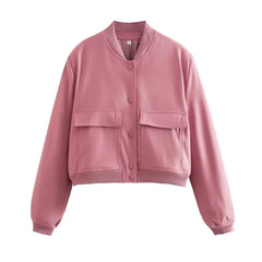 TRZA Women Fashion With Pockets Bomber Jacket Coats Vintage Long Sleeve Front Button Casual Female Outerwear Chic Tops