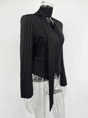 Tossy Elegant Female Striped Suit Coat For Women Scarf Lace-Up Patchwork V-Neck Long Sleeve Luxury Outwear Female Jackets Coat