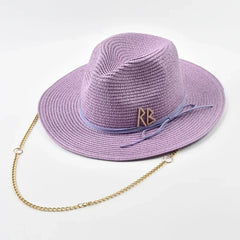 Fashionable Metal RB Letter Straw Hats for Women Men Summer Panaman Jazz Hat Outdoor Holidays Beach Sun Hat