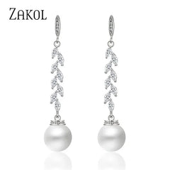 ZAKOL Fashion Round Imitation Pearls Drop Earrings for Women Shinny Zirconia Crystal Leaf Long Bridal Earring Wedding Jewelry