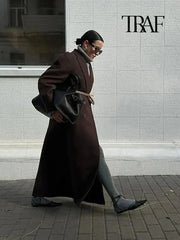 TRAF Women Fashion Solid Color Wool Lengthened Coat Elegant Warm Street Coat Autumn and Winter Retro Pocket Double-Breasted Coat