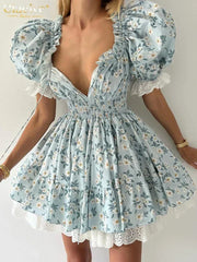 Clacive Summer Slim Print Women's Dress Fashion Slash Neck Short Sleeve Mini Dresses Elegant High Waist Patchwork Female Dress