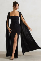 Mozision Long Cape Sleeve Split Maxi Dress For Women Gown Fashion Solid Square Collar Evening Sexy Long Dress Elegant New