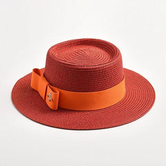 NEW Spring Summer Straw Hats for Women Round Bumpy Surface Flat Top Bowknot Dress Cap Travel Beach Sun Hat Gorra