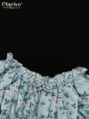 Clacive Summer Slim Print Women's Dress Fashion Slash Neck Short Sleeve Mini Dresses Elegant High Waist Patchwork Female Dress