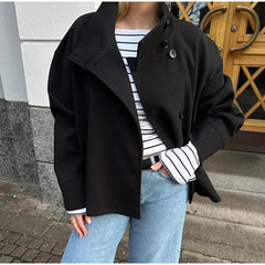 Fashion Women's Stand Collar Woolen Coats Long Sleeve Loose Female Short Coat 2025 Autumn Winter Office Lady Street Jacket