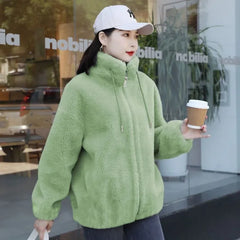 Women Winter Double Coral Fleece Warm Coat Stand Collar Plush Thick Overcoat Female Fashion Casual Long Sleeve Zipper Clothes