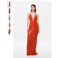 2025 Glitter Sequins Spaghetti Straps Women's Evening Dress Sleeveless Backless High Waist Floor Length Lady Birthday Party Gown