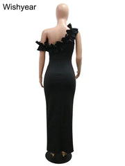 Sexy Night Sleeveless Off Shoulder Wooden Ear Edge Ruffles Bodycon Split Red Midi Dress Women Evening Birthday Party Vestidos