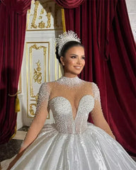 Flavinke Customized Wedding Dresses Long Sleeves High Neck Pearls Bridal Princess Ball Gown Chapel Trian Women vestidos de novia