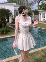 Lolita Kawaii Y2k Colorful Dot Print Dress Women Sweet Sleeveless Mini Dress Outwear One Piece Dress Korean Fashion Clothing