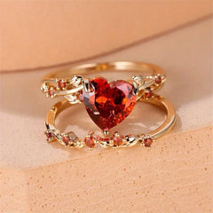Heart Shaped Ring Set Green Black Red Stone Heart Ring Sets for Women Rose Gold Color White Zircon Wedding Bands Jewelry
