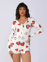 Ladies one-piece bodysuit sexy hot girl pajamas heart digital print short-sleeved set shorts home wear