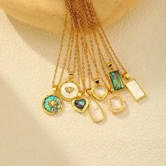 Summer Waterproof Necklace for Women, Nature Abalone Shell Heart Square Round Shape Pendant Statement Jewelry