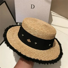 Summer Straw Hat 2024 New Flat Top French Straw Hat Elegant Women's Outdoor Vacation Sun Hat Summer Hat 모자 gorras beach