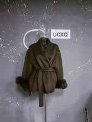 UCXQ Elegant OL Office Lady Overcoats Fur Patchwork Long Sleeve Woolen Coat Beautiful Women's Clothing Jacket Autumn 2025 Spring