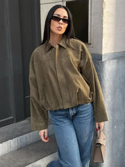 TRAFZA Women Brown Green Suede Jacket Loose Casual Bomber Coat Lapel Zipper Long Sleeve Jackets Vintage Lady Motorcycle Outwears