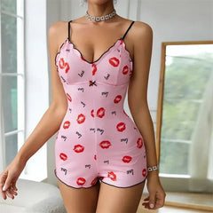 Women's Pajamas One Piece Pajamas Red Lip Printed Sleeveless Pijama Short Onesie Adults V-Neck Suspenders Funny Pajamas Bodysuit