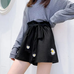 Summer Lightweight Black Casual Sports Pants Women Student Loose High-Waist Wide-Leg Shorts