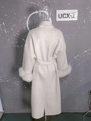 UCXQ Elegant OL Office Lady Overcoats Fur Patchwork Long Sleeve Woolen Coat Beautiful Women's Clothing Jacket Autumn 2025 Spring